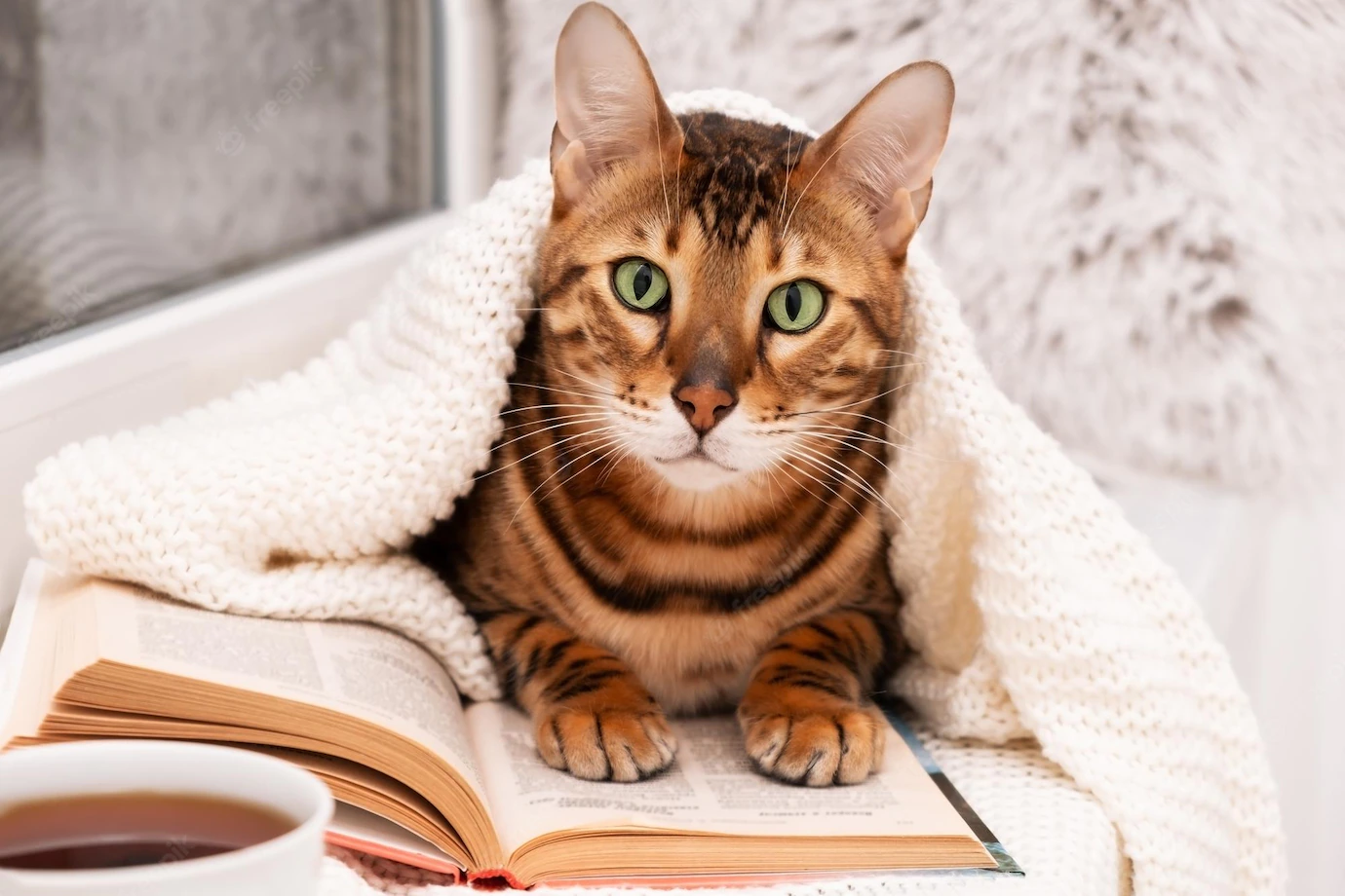 Кошка под одеялом положила лапы на книгу